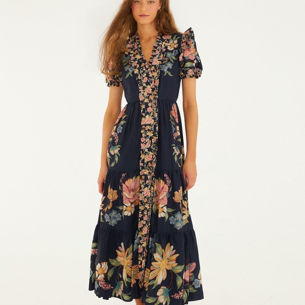 FARM Rio Navy Floral Tiered Maxi Dress with Puff Sleeves